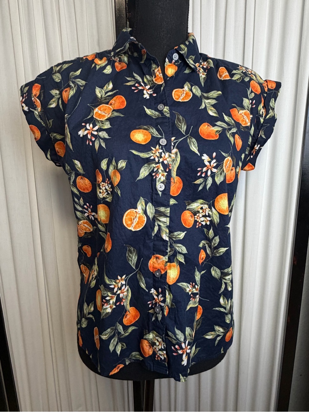 LOFT Navy Floral Print Petite Top with Orange Accent